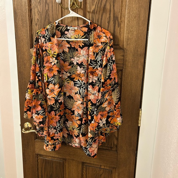 Billabong Floral Tropical Hawaiian Kimono Cardigan - Orange and Black Small - Picture 3 of 8